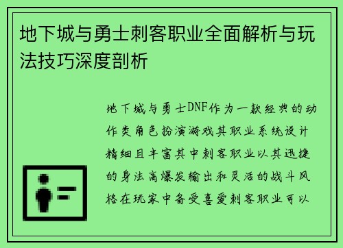 地下城与勇士刺客职业全面解析与玩法技巧深度剖析