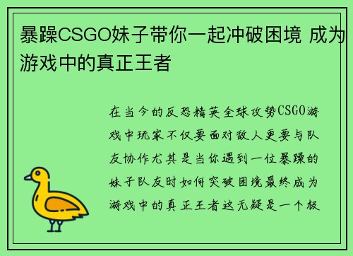 暴躁CSGO妹子带你一起冲破困境 成为游戏中的真正王者
